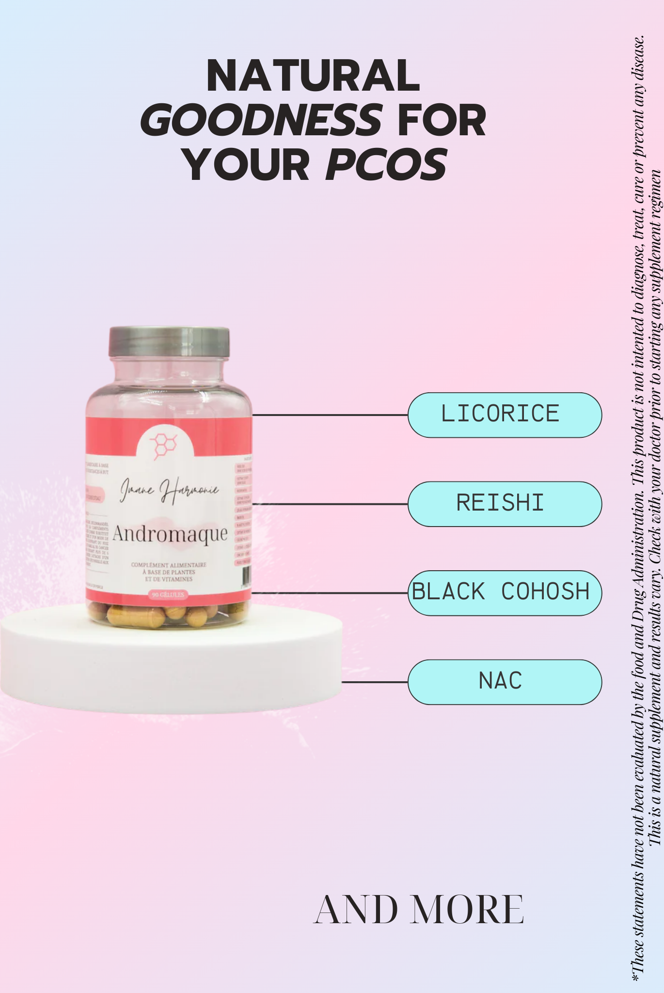 Primary supplements of Andromaque : Licorice, reishi, black cohosh, NAC 