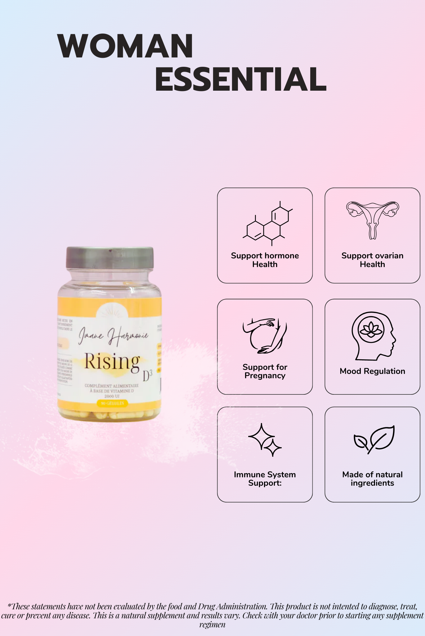 Features of Rising D3 supplement : support hormone health, support ovarian health, support for pregnancy, mood regulation, immune system support, made of natural ingredients