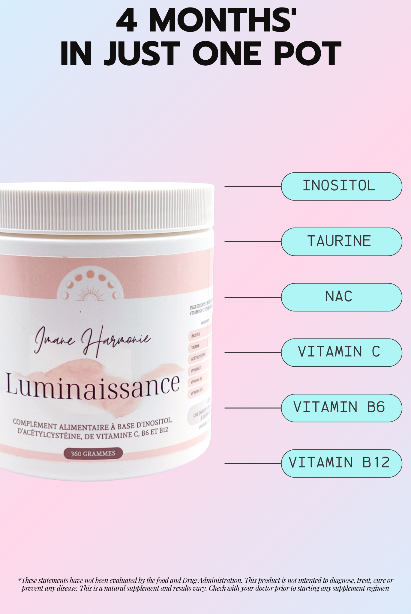 Primary supplements of Luminaissance : Inositol, taurine, NAC, vitamin C, vitamine B6, vitamin B12