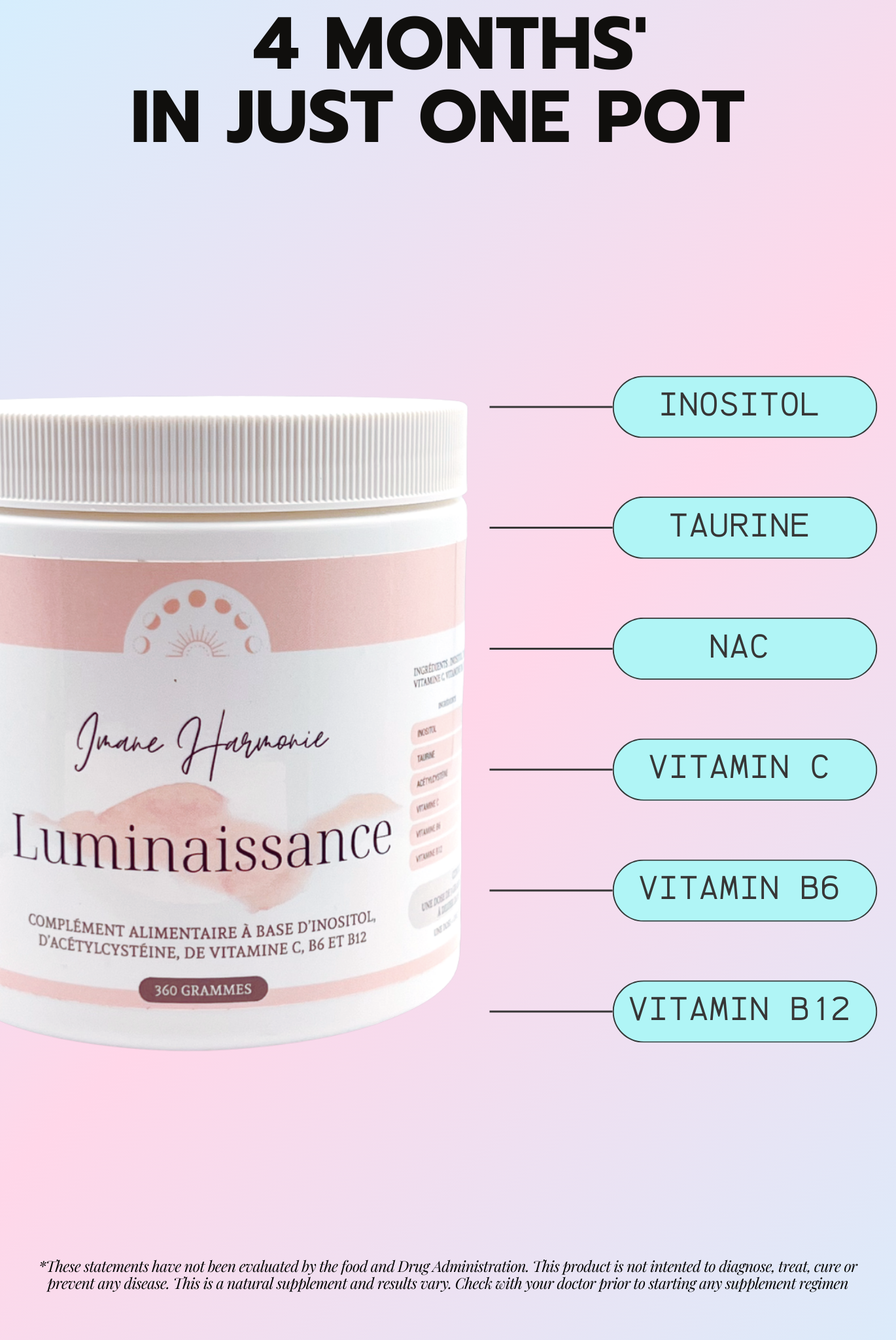 Primary supplements of Luminaissance: Inositol, taurine, NAC, vitamin C, vitamin B6, vitamin B12 