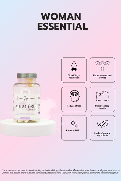 Features of magnésia complex supplement : blood sugar regulation, reduce menstrual cramps, reduce stress, imrpove sleep quality, reduce pms, made of natural ingredients