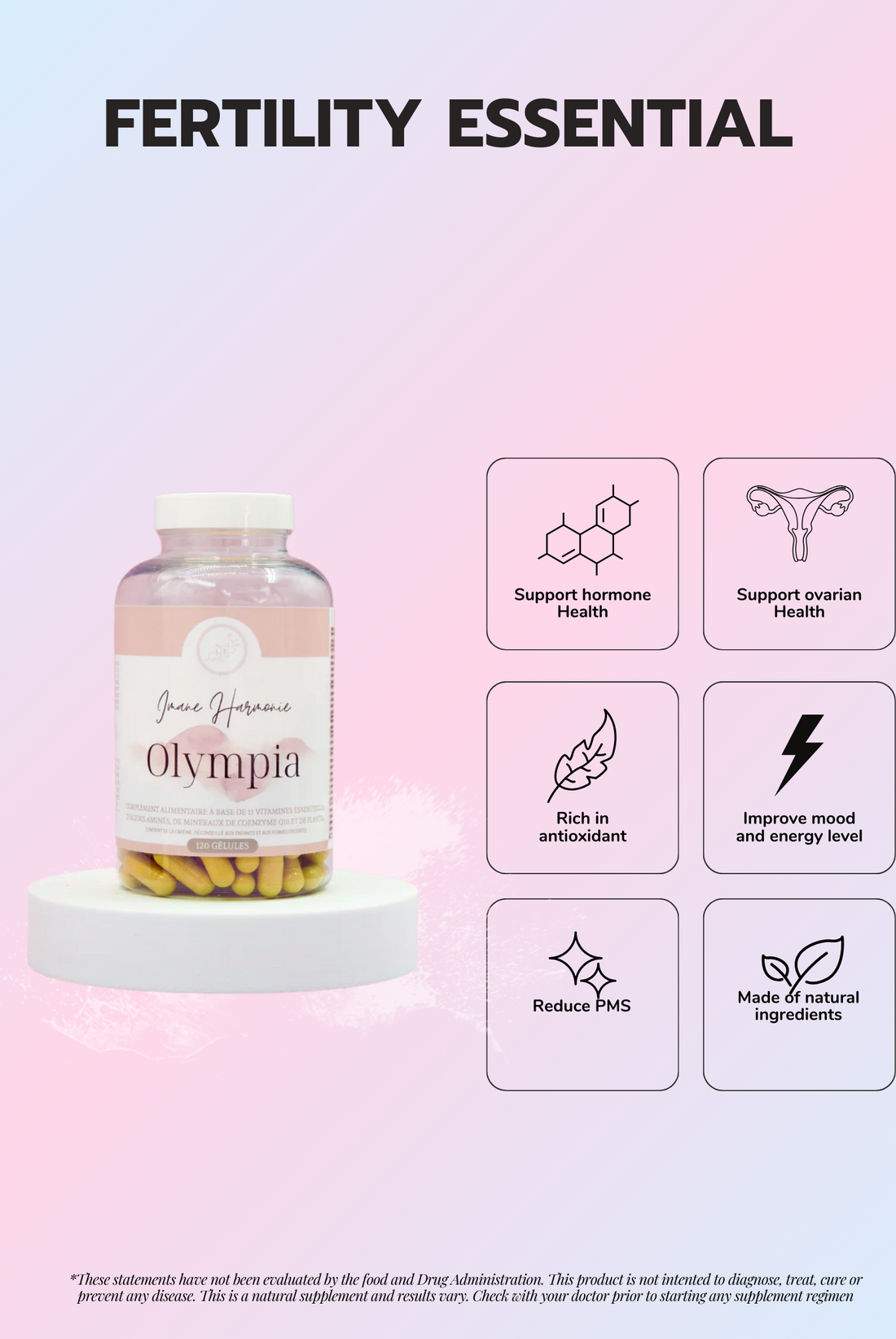 Features of Olympia supplement : Support hormone health, support ovarian health, rich in antioxidant, improve mood and energy level, reduce pms, made of natural ingredients
